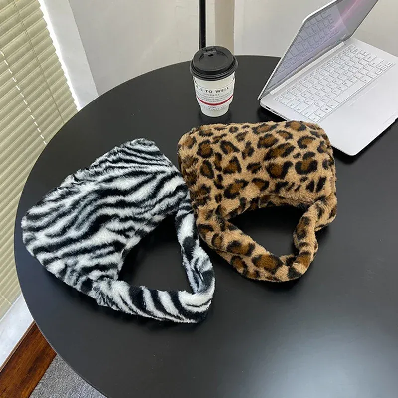 Y2k Retro Leopard Zebra Print Plush Underarm Bag for Women - Fluffy Small Tote Purse Handbag, Fashionable Shoulder Bag showcase 16
