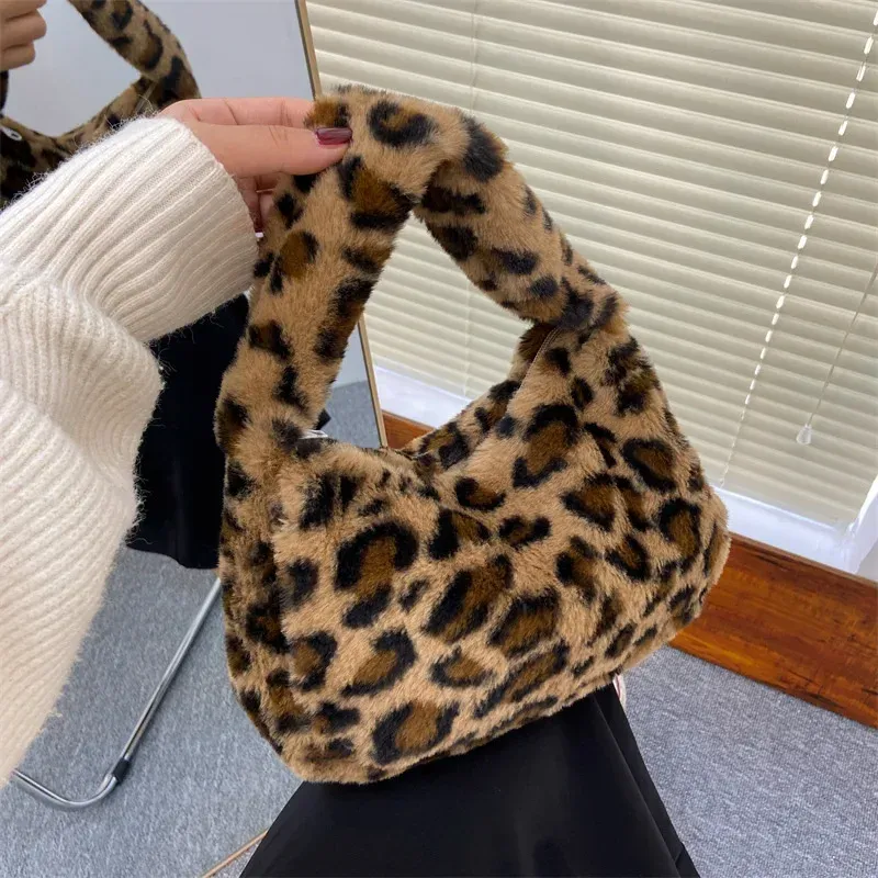 Y2k Retro Leopard Zebra Print Plush Underarm Bag for Women - Fluffy Small Tote Purse Handbag, Fashionable Shoulder Bag showcase 18
