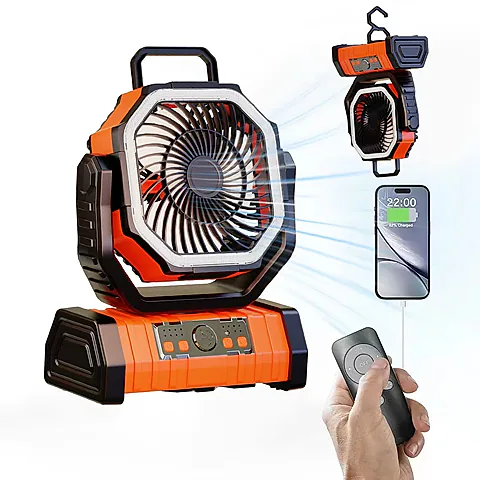 20000mAh Portable Rechargeable Fan with LED Light - 4 Speed Outdoor Desk Camping Fan, 180° Rotation, Remote Control, Power Bank Function for Tent, Car Trips, BBQs
