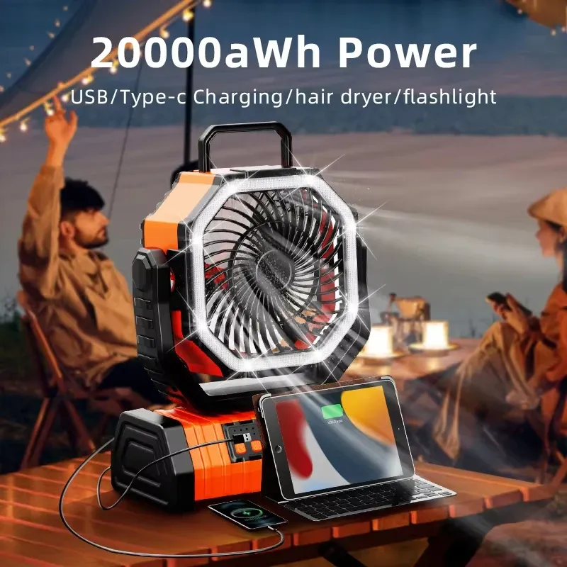 20000mAh Portable Rechargeable Fan with LED Light - 4 Speed Outdoor Desk Camping Fan, 180° Rotation, Remote Control, Power Bank Function for Tent, Car Trips, BBQs - Image 3