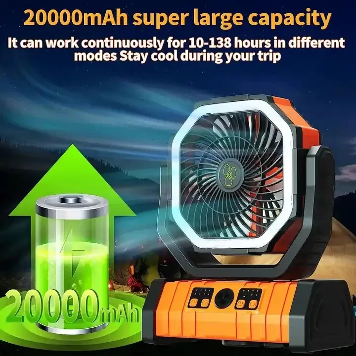 20000mAh Portable Rechargeable Fan with LED Light - 4 Speed Outdoor Desk Camping Fan, 180° Rotation, Remote Control, Power Bank Function for Tent, Car Trips, BBQs showcase 4