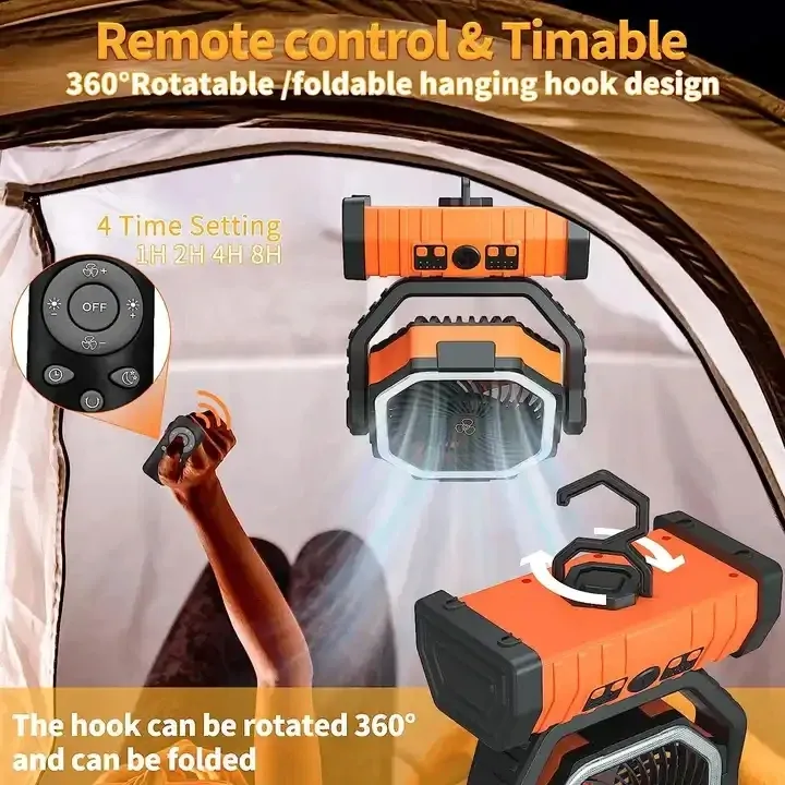 20000mAh Portable Rechargeable Fan with LED Light - 4 Speed Outdoor Desk Camping Fan, 180° Rotation, Remote Control, Power Bank Function for Tent, Car Trips, BBQs showcase 7