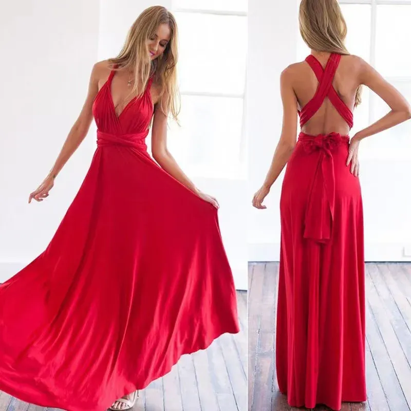 Sexy Women's Multiway Wrap Convertible Boho Maxi Club Dress - Red Bandage Long Party Bridesmaid Infinity Robe for Evening Events - Image 1