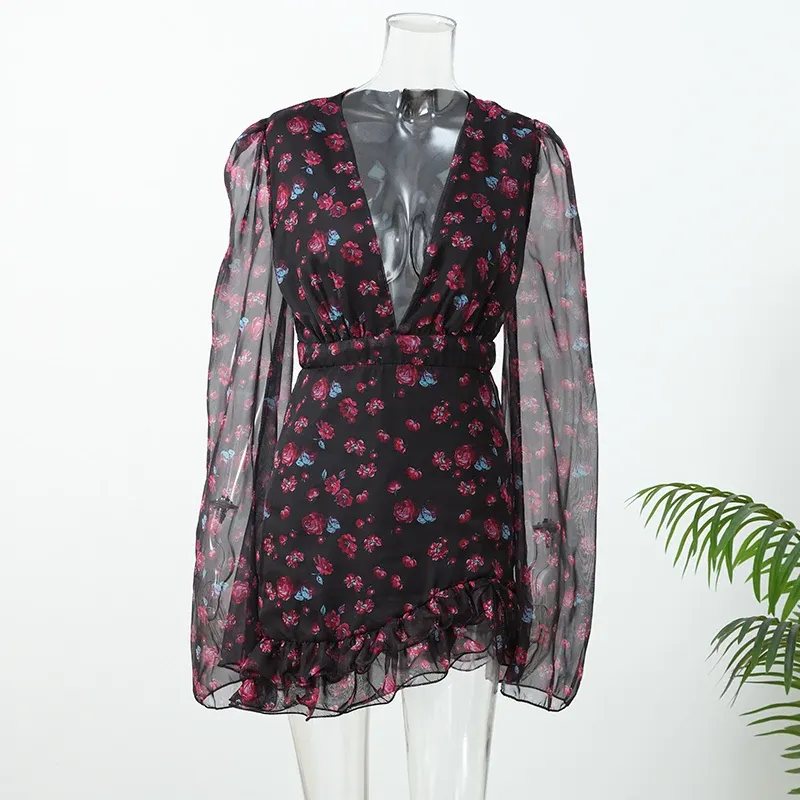 Elegant Flora Painted Ruffle Mini Dress for Women - Full Sleeve, Deep V-Neck, Slim A-Line Style - Perfect for Holidays & Streetwear - Image 5