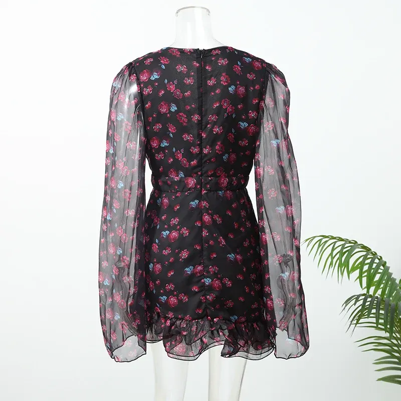 Elegant Flora Painted Ruffle Mini Dress for Women - Full Sleeve, Deep V-Neck, Slim A-Line Style - Perfect for Holidays & Streetwear - Image 6