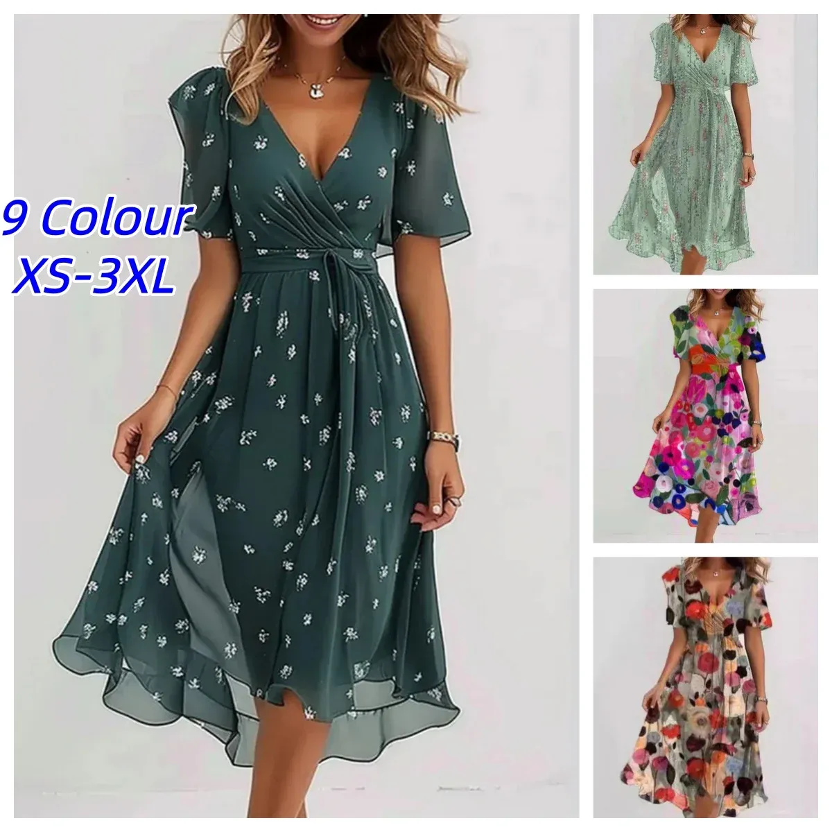Elegant Floral Print Knee-Length Dress for Women - Fashionable Loose Casual V-Neck Style - Image 1