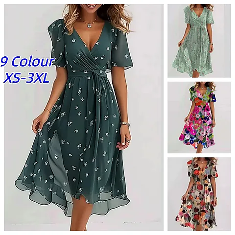 Elegant Floral Print Knee-Length Dress for Women - Fashionable Loose Casual V-Neck Style