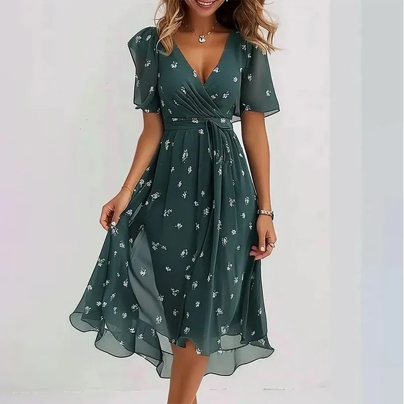Elegant Floral Print Knee-Length Dress for Women - Fashionable Loose Casual V-Neck Style - Image 2