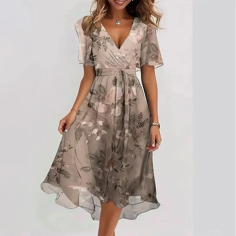 Elegant Floral Print Knee-Length Dress for Women - Fashionable Loose Casual V-Neck Style showcase 2