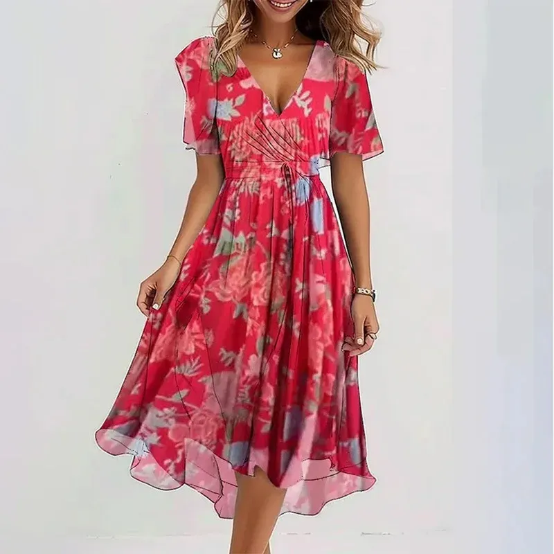 Elegant Floral Print Knee-Length Dress for Women - Fashionable Loose Casual V-Neck Style - Image 3