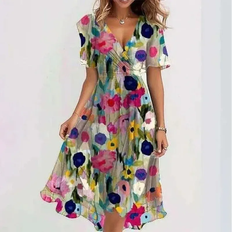 Elegant Floral Print Knee-Length Dress for Women - Fashionable Loose Casual V-Neck Style showcase 3
