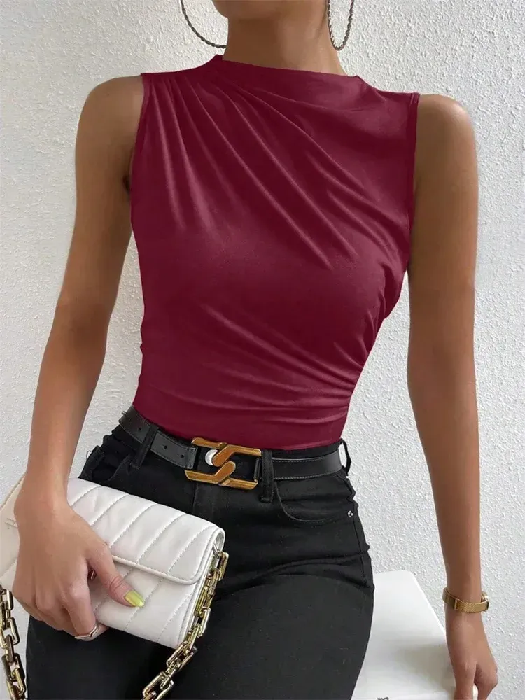 Women's Casual Mock Neck Ruched Tank Top - Solid Color Slim Fit Pleated Sleeveless Tee for Summer Streetwear Fashion thumbnail 1