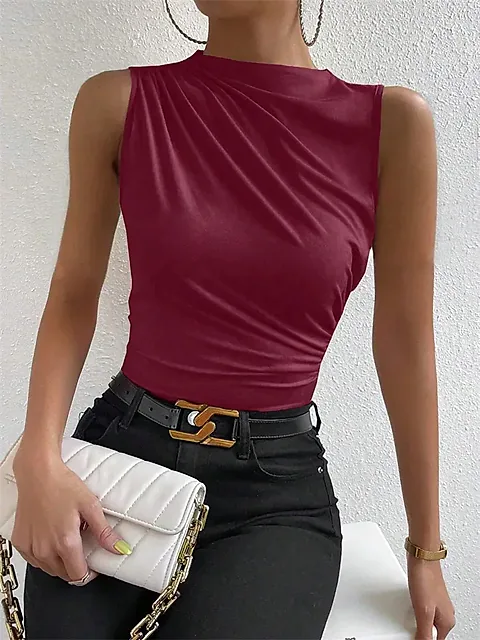 Women's Casual Mock Neck Ruched Tank Top - Solid Color Slim Fit Pleated Sleeveless Tee for Summer Streetwear Fashion