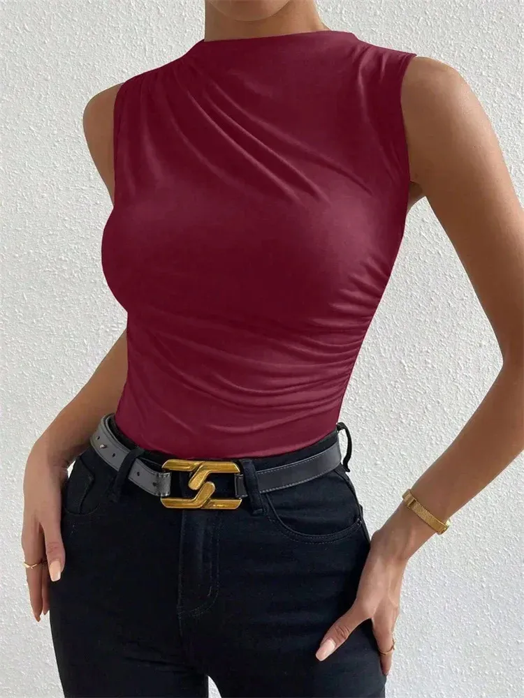 Women's Casual Mock Neck Ruched Tank Top - Solid Color Slim Fit Pleated Sleeveless Tee for Summer Streetwear Fashion thumbnail 4