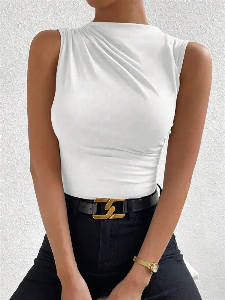 Women's Casual Mock Neck Ruched Tank Top - Solid Color Slim Fit Pleated Sleeveless Tee for Summer Streetwear Fashion showcase 15