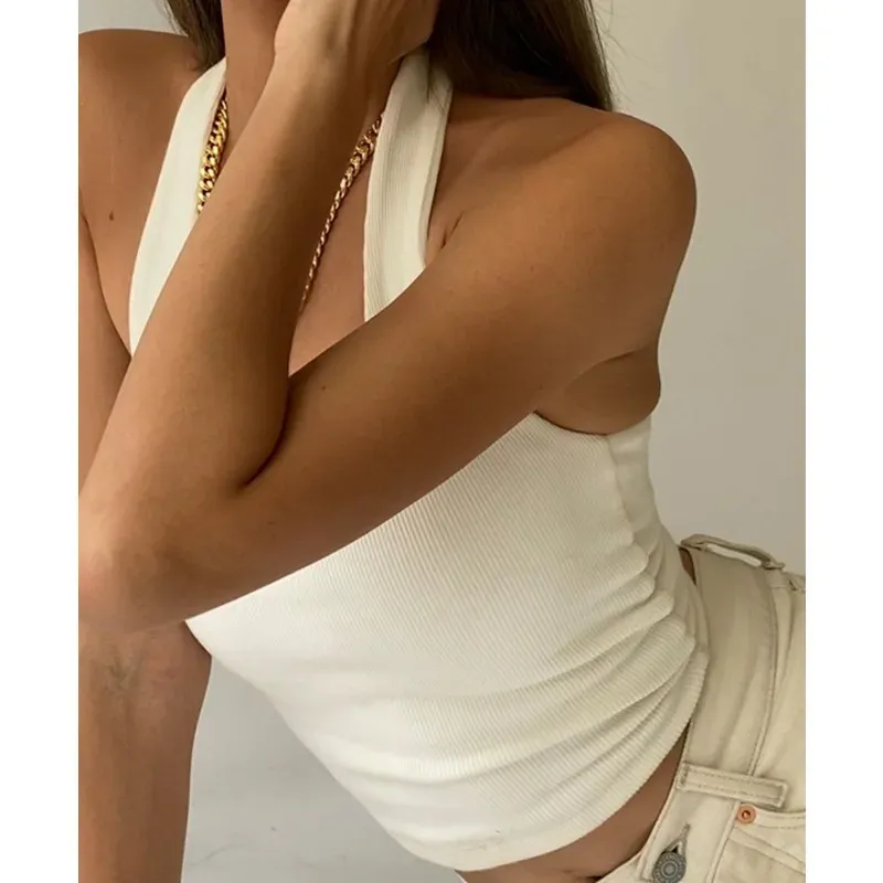 Women's White Halter Backless Ribbed Knit Tank Top - Sexy Streetwear Cropped Vest for Summer Fashion showcase 6
