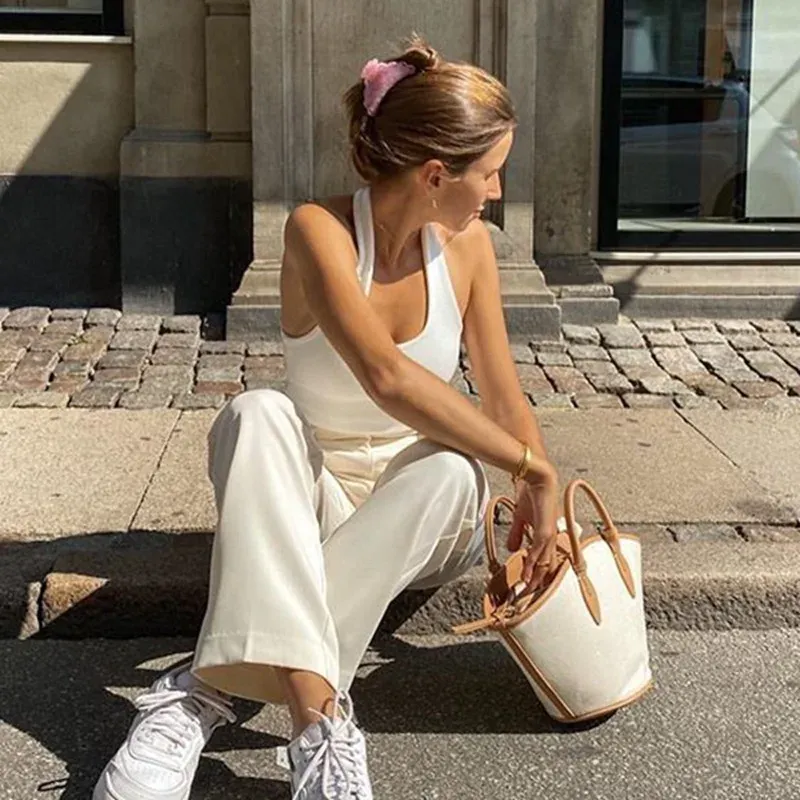 Women's White Halter Backless Ribbed Knit Tank Top - Sexy Streetwear Cropped Vest for Summer Fashion showcase 10