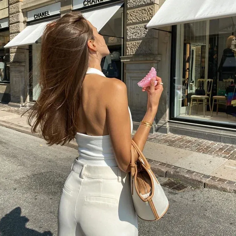Women's White Halter Backless Ribbed Knit Tank Top - Sexy Streetwear Cropped Vest for Summer Fashion showcase 12