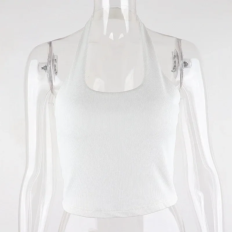 Women's White Halter Backless Ribbed Knit Tank Top - Sexy Streetwear Cropped Vest for Summer Fashion showcase 13