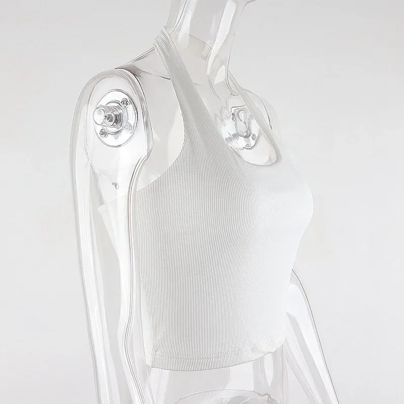 Women's White Halter Backless Ribbed Knit Tank Top - Sexy Streetwear Cropped Vest for Summer Fashion showcase 14