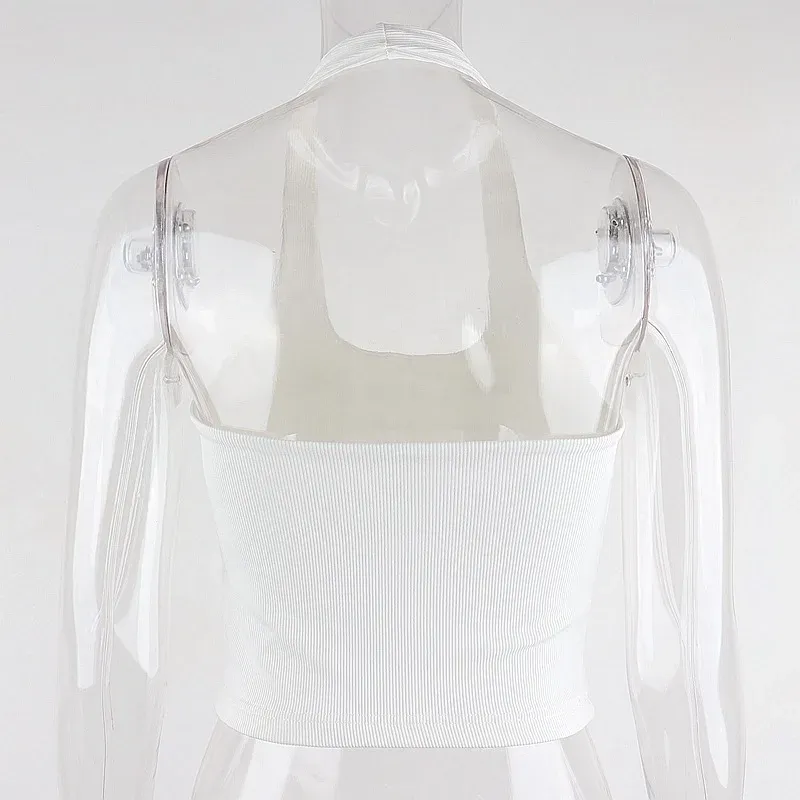 Women's White Halter Backless Ribbed Knit Tank Top - Sexy Streetwear Cropped Vest for Summer Fashion showcase 15
