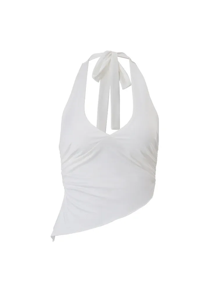 Women's Elegant V-Neck Halter Crop Top - Sleeveless Fold Summer Vest for Casual, Formal, and Streetwear - Image 6