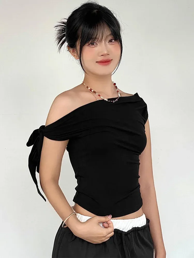 Women's Summer Asymmetric Crop Top - Stylish One-Shoulder Twist Tie Backless T-Shirt for Casual Wear - Image 1