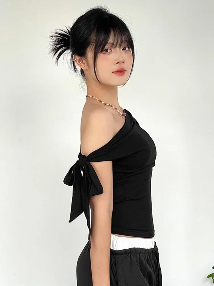 Women's Summer Asymmetric Crop Top - Stylish One-Shoulder Twist Tie Backless T-Shirt for Casual Wear - Image 2