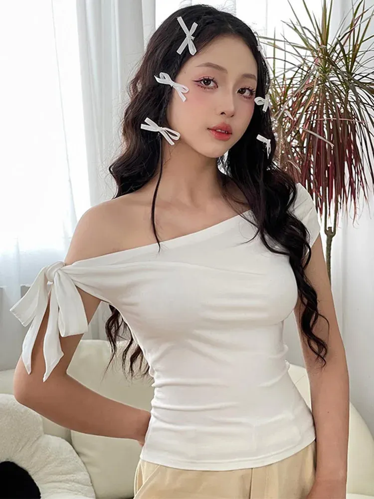 Women's Summer Asymmetric Crop Top - Stylish One-Shoulder Twist Tie Backless T-Shirt for Casual Wear - Image 3