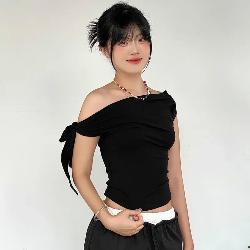 Women's Summer Asymmetric Crop Top - Stylish One-Shoulder Twist Tie Backless T-Shirt for Casual Wear showcase 5
