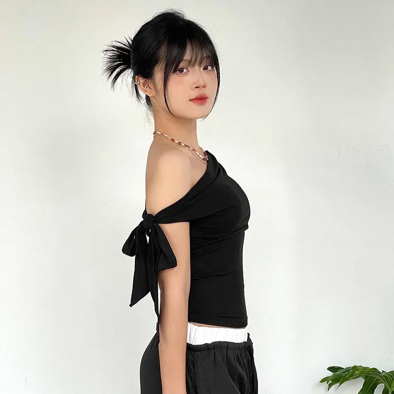 Women's Summer Asymmetric Crop Top - Stylish One-Shoulder Twist Tie Backless T-Shirt for Casual Wear showcase 6