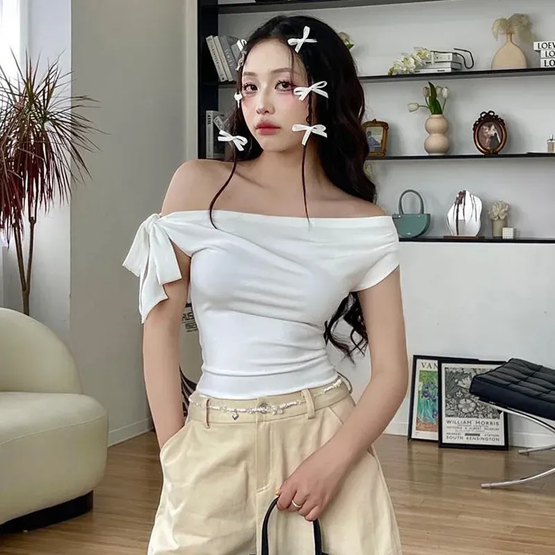 Women's Summer Asymmetric Crop Top - Stylish One-Shoulder Twist Tie Backless T-Shirt for Casual Wear showcase 9
