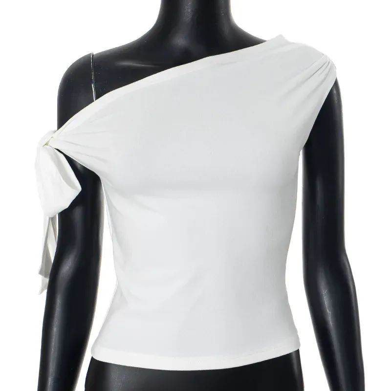 Women's Summer Asymmetric Crop Top - Stylish One-Shoulder Twist Tie Backless T-Shirt for Casual Wear showcase 12