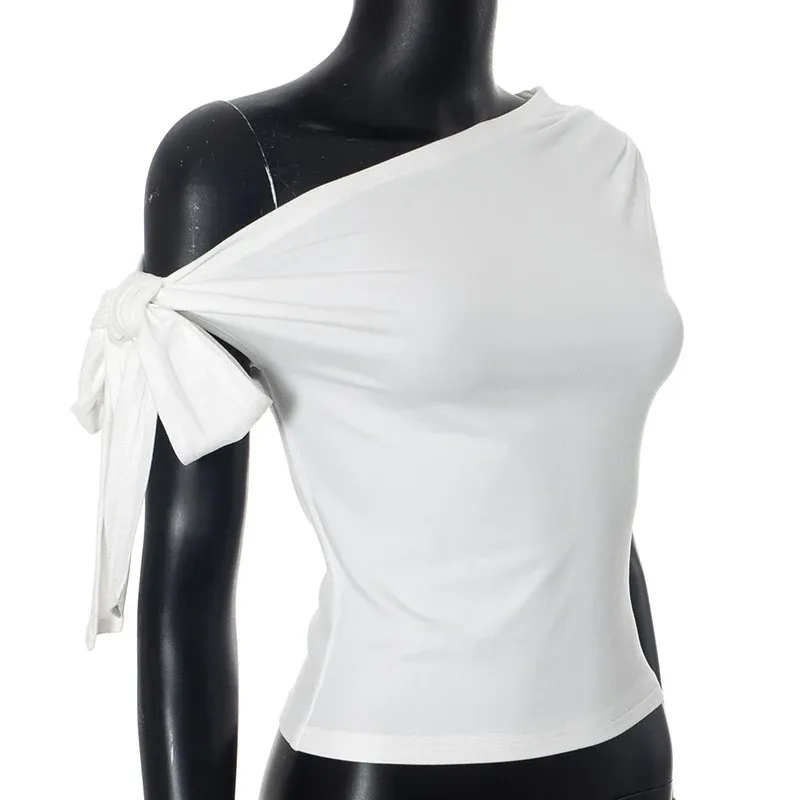 Women's Summer Asymmetric Crop Top - Stylish One-Shoulder Twist Tie Backless T-Shirt for Casual Wear showcase 13