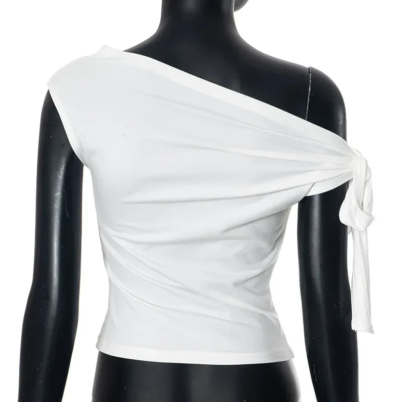 Women's Summer Asymmetric Crop Top - Stylish One-Shoulder Twist Tie Backless T-Shirt for Casual Wear showcase 15