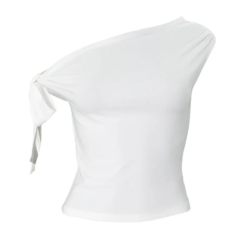 Women's Summer Asymmetric Crop Top - Stylish One-Shoulder Twist Tie Backless T-Shirt for Casual Wear showcase 16