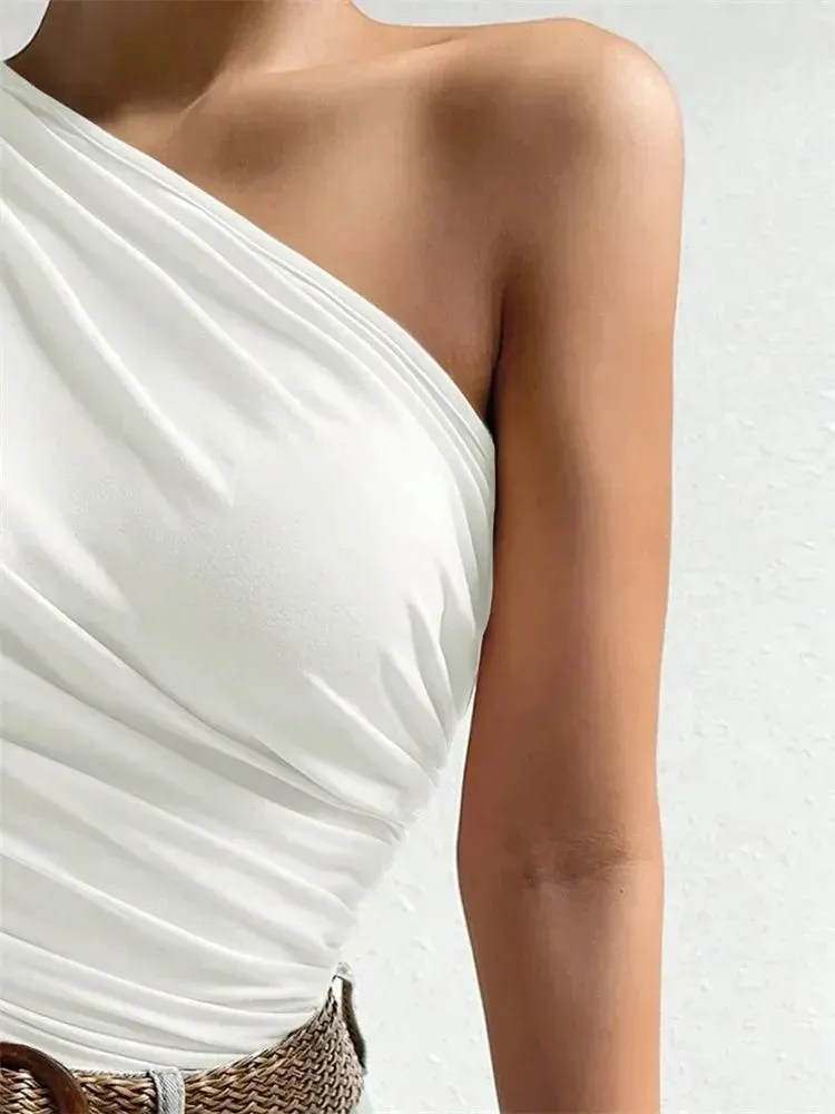 Women's One Shoulder Pleated Tank Top - Solid Sleeveless Ruched T-Shirt for Summer Streetwear, Chic Off-the-Shoulder Style - Image 6