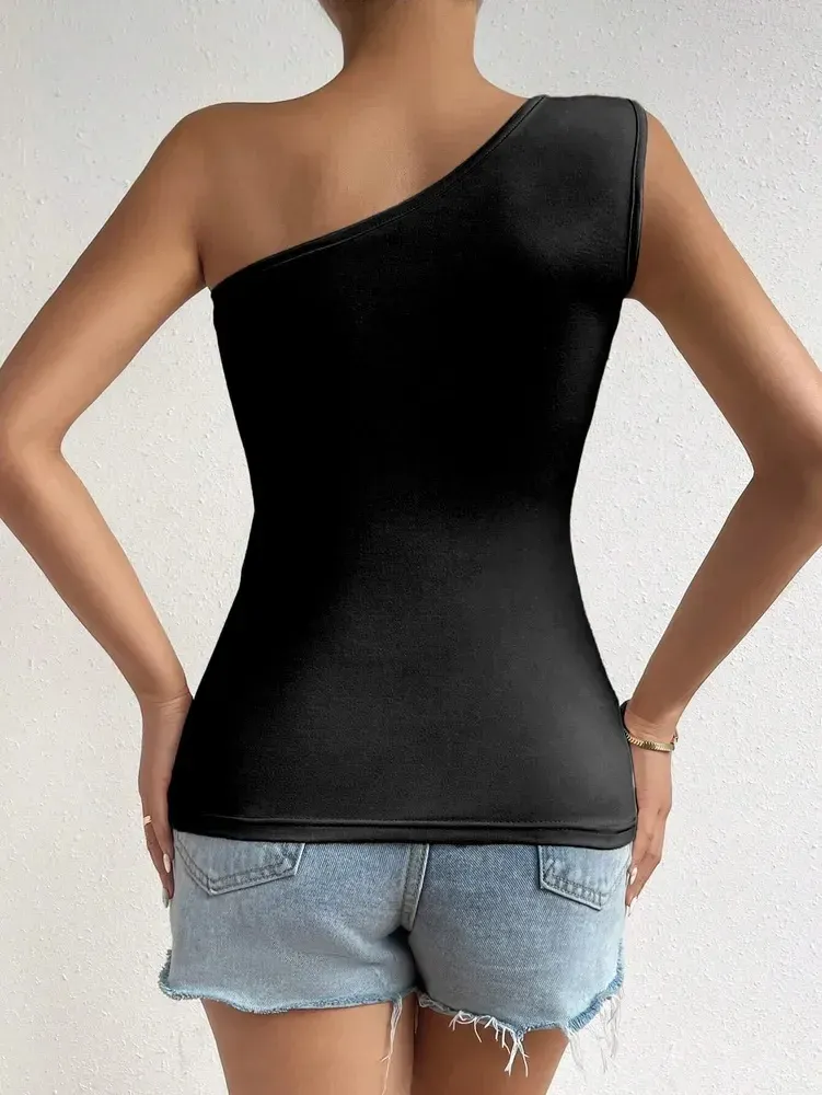 Women's One Shoulder Pleated Tank Top - Solid Sleeveless Ruched T-Shirt for Summer Streetwear, Chic Off-the-Shoulder Style showcase 18