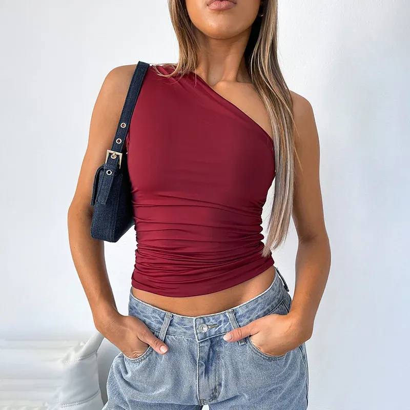 Women's Solid Color One Shoulder Backless Tank Top - Sexy Slim Fit Sleeveless T-Shirt for Casual Wear showcase 4
