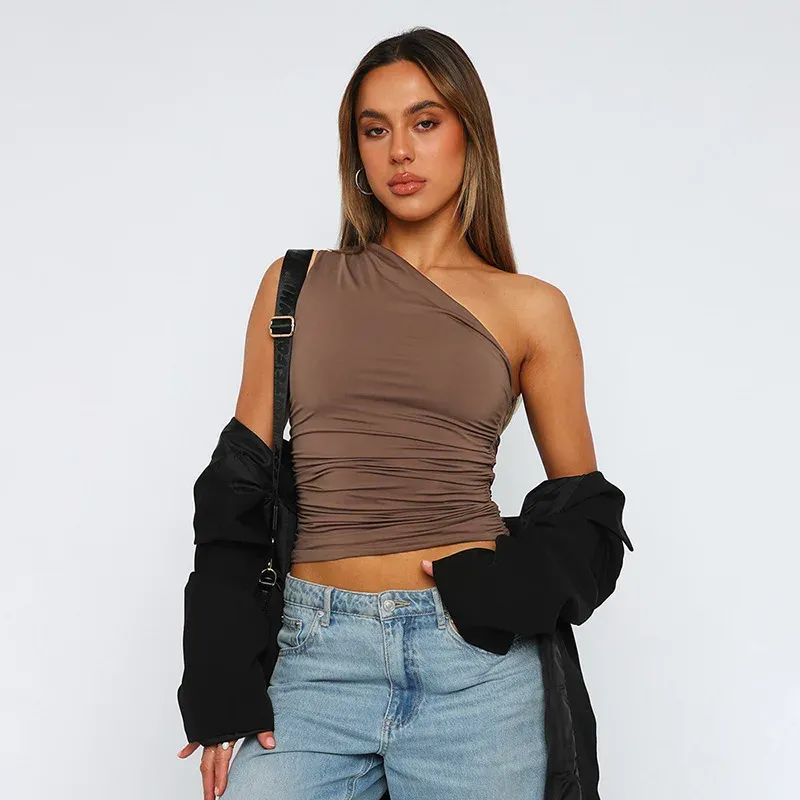 Women's Solid Color One Shoulder Backless Tank Top - Sexy Slim Fit Sleeveless T-Shirt for Casual Wear showcase 6