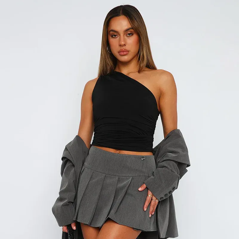 Women's Solid Color One Shoulder Backless Tank Top - Sexy Slim Fit Sleeveless T-Shirt for Casual Wear - Image 2