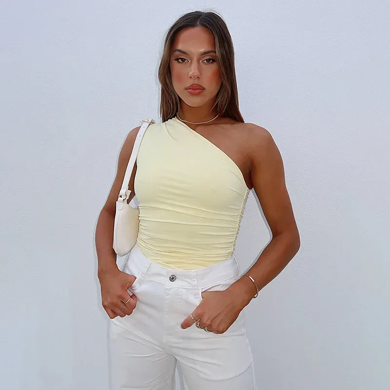 Women's Solid Color One Shoulder Backless Tank Top - Sexy Slim Fit Sleeveless T-Shirt for Casual Wear showcase 8