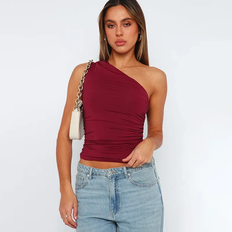 Women's Solid Color One Shoulder Backless Tank Top - Sexy Slim Fit Sleeveless T-Shirt for Casual Wear showcase 10