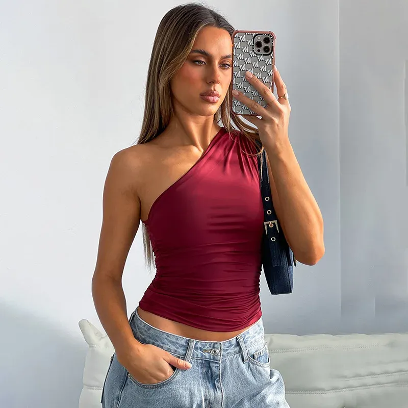 Women's Solid Color One Shoulder Backless Tank Top - Sexy Slim Fit Sleeveless T-Shirt for Casual Wear showcase 13