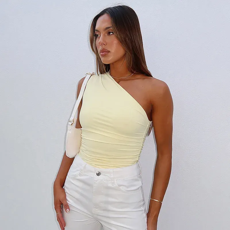 Women's Solid Color One Shoulder Backless Tank Top - Sexy Slim Fit Sleeveless T-Shirt for Casual Wear showcase 15