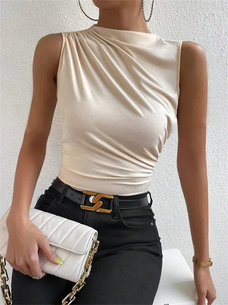 Women's Mock Neck Ruched Tank Top - Fashionable Sleeveless Pleated Tee for Summer Streetwear, Y2K Style showcase 1