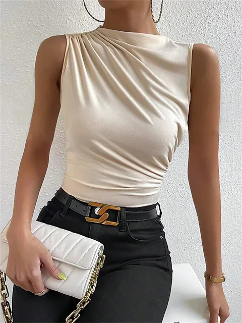 Women's Mock Neck Ruched Tank Top - Fashionable Sleeveless Pleated Tee for Summer Streetwear, Y2K Style
