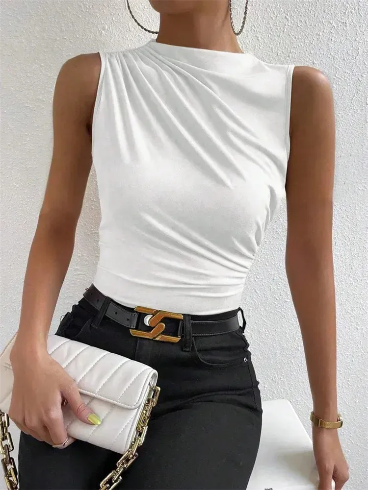 Women's Mock Neck Ruched Tank Top - Fashionable Sleeveless Pleated Tee for Summer Streetwear, Y2K Style showcase 12