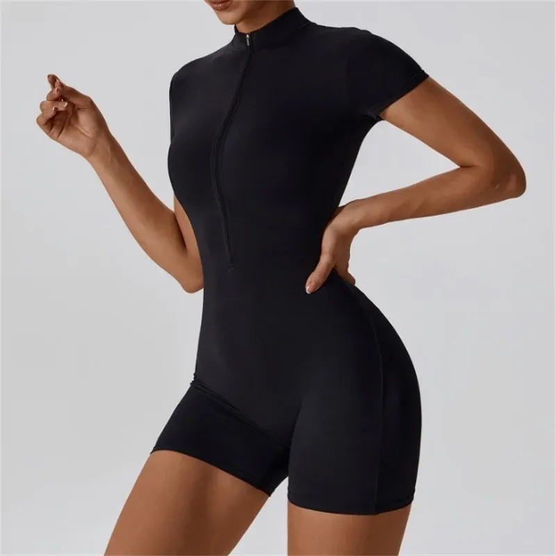 Women's Seamless Yoga Jumpsuit Short Sleeve Stand Collar Half Zip Fitness Bodysuit Stretchy Workout Romper for Activewear - Image 1