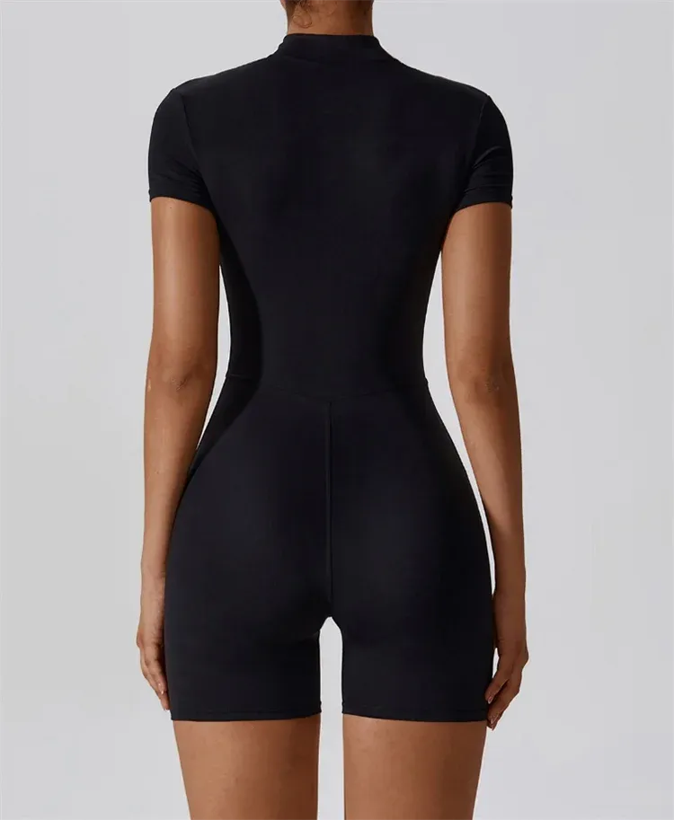 Women's Seamless Yoga Jumpsuit Short Sleeve Stand Collar Half Zip Fitness Bodysuit Stretchy Workout Romper for Activewear - Image 2